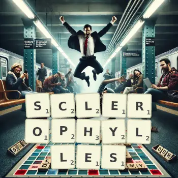 Illustration créative d'un jeu de lettres avec le mot SCLEROPHYLLES épelé sur le plateau.