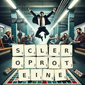 Illustration créative d'un jeu de lettres avec le mot SCLEROPROTEINE épelé sur le plateau.