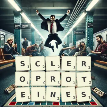 Illustration créative d'un jeu de lettres avec le mot SCLEROPROTEINES épelé sur le plateau.