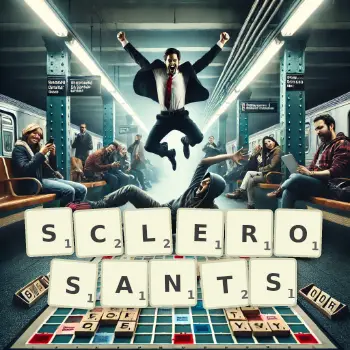 Illustration créative d'un jeu de lettres avec le mot SCLEROSANTS épelé sur le plateau.