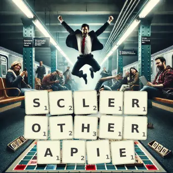 Illustration créative d'un jeu de lettres avec le mot SCLEROTHERAPIE épelé sur le plateau.