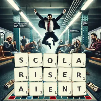 Illustration créative d'un jeu de lettres avec le mot SCOLARISERAIENT épelé sur le plateau.