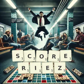 Illustration créative d'un jeu de lettres avec le mot SCORERIEZ épelé sur le plateau.