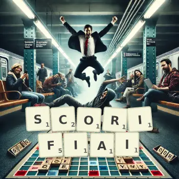 Illustration créative d'un jeu de lettres avec le mot SCORIFIAI épelé sur le plateau.