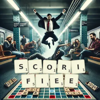 Illustration créative d'un jeu de lettres avec le mot SCORIFIEE épelé sur le plateau.