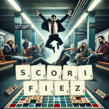 Illustration créative d'un jeu de lettres avec le mot SCORIFIEZ épelé sur le plateau.