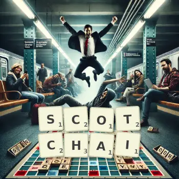 Illustration créative d'un jeu de lettres avec le mot SCOTCHAI épelé sur le plateau.