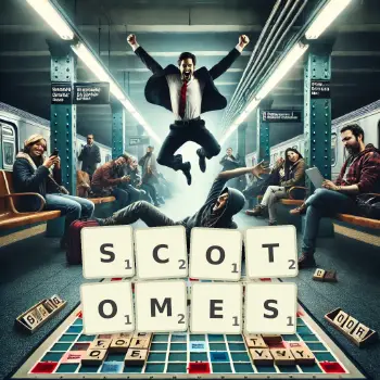 Illustration créative d'un jeu de lettres avec le mot SCOTOMES épelé sur le plateau.