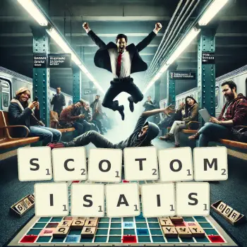 Illustration créative d'un jeu de lettres avec le mot SCOTOMISAIS épelé sur le plateau.