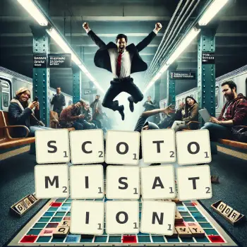 Illustration créative d'un jeu de lettres avec le mot SCOTOMISATION épelé sur le plateau.