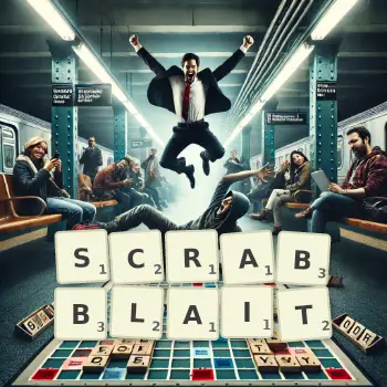 Illustration créative d'un jeu de lettres avec le mot SCRABBLAIT épelé sur le plateau.
