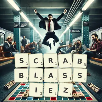 Illustration créative d'un jeu de lettres avec le mot SCRABBLASSIEZ épelé sur le plateau.