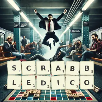 Illustration créative d'un jeu de lettres avec le mot SCRABBLEDICO épelé sur le plateau.