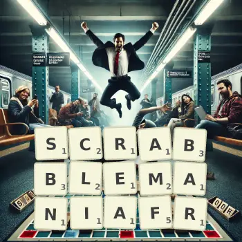Illustration créative d'un jeu de lettres avec le mot SCRABBLEMANIAFR épelé sur le plateau.