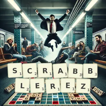 Illustration créative d'un jeu de lettres avec le mot SCRABBLEREZ épelé sur le plateau.