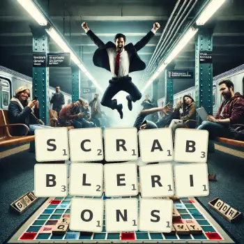 Illustration créative d'un jeu de lettres avec le mot SCRABBLERIONS épelé sur le plateau.