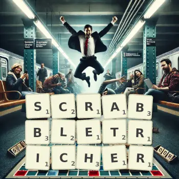 Illustration créative d'un jeu de lettres avec le mot SCRABBLETRICHER épelé sur le plateau.