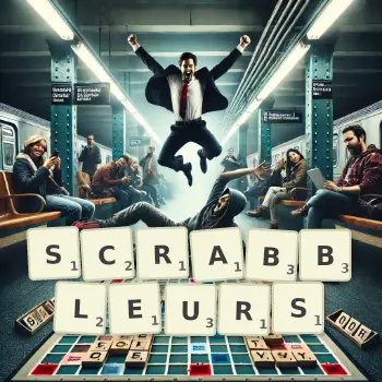 Illustration créative d'un jeu de lettres avec le mot SCRABBLEURS épelé sur le plateau.