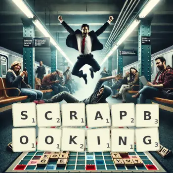 Illustration créative d'un jeu de lettres avec le mot SCRAPBOOKING épelé sur le plateau.