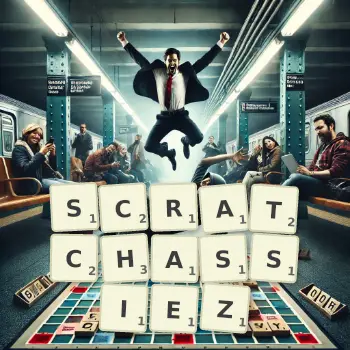 Illustration créative d'un jeu de lettres avec le mot SCRATCHASSIEZ épelé sur le plateau.