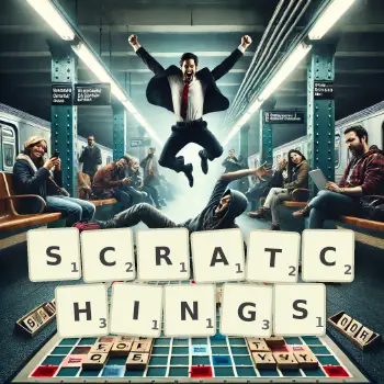 Illustration créative d'un jeu de lettres avec le mot SCRATCHINGS épelé sur le plateau.