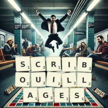 Illustration créative d'un jeu de lettres avec le mot SCRIBOUILLAGES épelé sur le plateau.