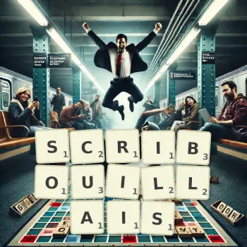 Illustration créative d'un jeu de lettres avec le mot SCRIBOUILLAIS épelé sur le plateau.