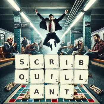 Illustration créative d'un jeu de lettres avec le mot SCRIBOUILLANT épelé sur le plateau.