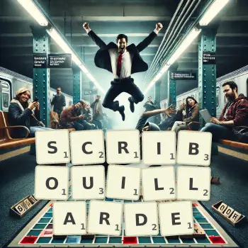 Illustration créative d'un jeu de lettres avec le mot SCRIBOUILLARDE épelé sur le plateau.