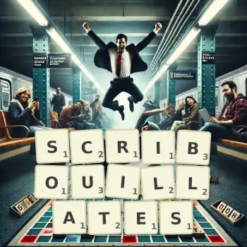 Illustration créative d'un jeu de lettres avec le mot SCRIBOUILLATES épelé sur le plateau.