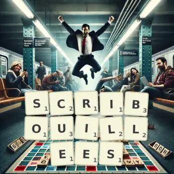 Illustration créative d'un jeu de lettres avec le mot SCRIBOUILLEES épelé sur le plateau.