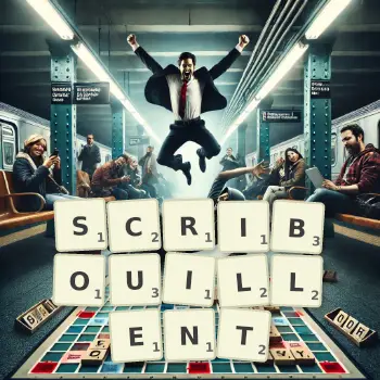 Illustration créative d'un jeu de lettres avec le mot SCRIBOUILLENT épelé sur le plateau.