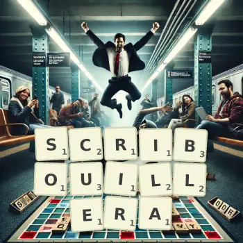 Illustration créative d'un jeu de lettres avec le mot SCRIBOUILLERA épelé sur le plateau.