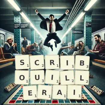 Illustration créative d'un jeu de lettres avec le mot SCRIBOUILLERAI épelé sur le plateau.