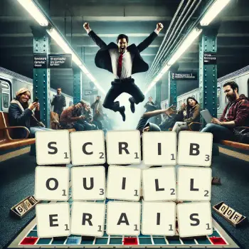 Illustration créative d'un jeu de lettres avec le mot SCRIBOUILLERAIS épelé sur le plateau.