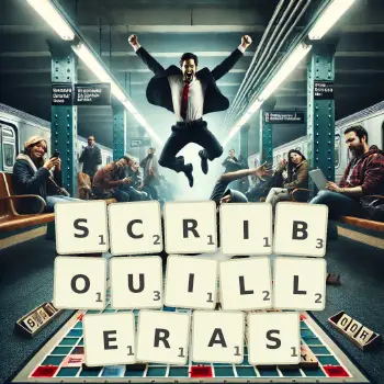 Illustration créative d'un jeu de lettres avec le mot SCRIBOUILLERAS épelé sur le plateau.