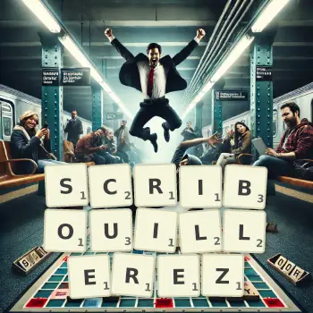 Illustration créative d'un jeu de lettres avec le mot SCRIBOUILLEREZ épelé sur le plateau.