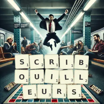 Illustration créative d'un jeu de lettres avec le mot SCRIBOUILLEURS épelé sur le plateau.