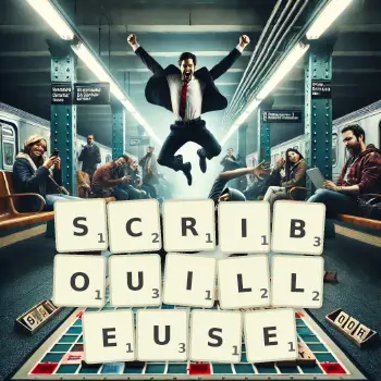 Illustration créative d'un jeu de lettres avec le mot SCRIBOUILLEUSE épelé sur le plateau.