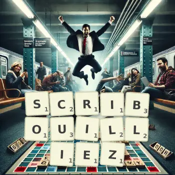 Illustration créative d'un jeu de lettres avec le mot SCRIBOUILLIEZ épelé sur le plateau.