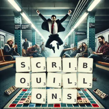 Illustration créative d'un jeu de lettres avec le mot SCRIBOUILLONS épelé sur le plateau.