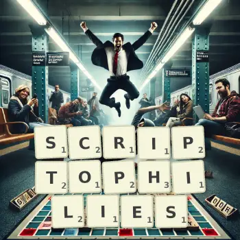 Illustration créative d'un jeu de lettres avec le mot SCRIPTOPHILIES épelé sur le plateau.