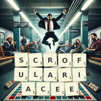 Illustration créative d'un jeu de lettres avec le mot SCROFULARIACEE épelé sur le plateau.