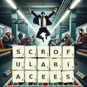 Illustration créative d'un jeu de lettres avec le mot SCROFULARIACEES épelé sur le plateau.