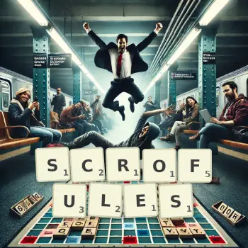 Illustration créative d'un jeu de lettres avec le mot SCROFULES épelé sur le plateau.