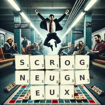 Illustration créative d'un jeu de lettres avec le mot SCROGNEUGNEUX épelé sur le plateau.