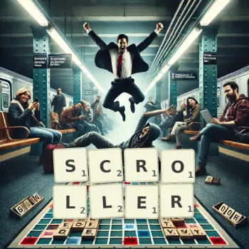 Illustration créative d'un jeu de lettres avec le mot SCROLLER épelé sur le plateau.