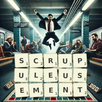 Illustration créative d'un jeu de lettres avec le mot SCRUPULEUSEMENT épelé sur le plateau.