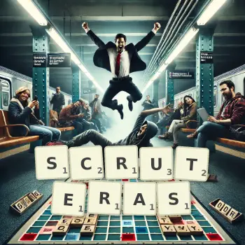 Illustration créative d'un jeu de lettres avec le mot SCRUTERAS épelé sur le plateau.