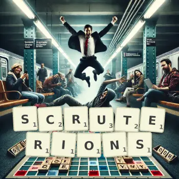 Illustration créative d'un jeu de lettres avec le mot SCRUTERIONS épelé sur le plateau.